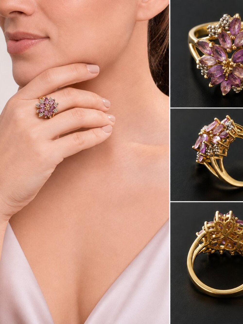 Beautiful Ring 14K Gold Over Silver Purple Gemstone Flower Design